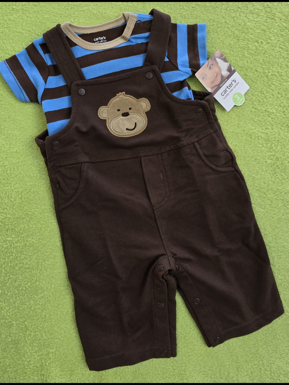 NWT  3-6M Baby BOYS  Brown Overalls & Blue + Brown Striped Tee - MONKEY (Q4 Plu)